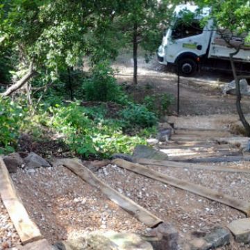 Aménagement d'un escalier en bois pour accéder à une cabane dans les arbres - Charleval