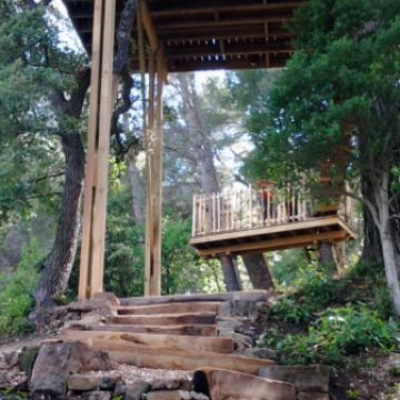 Aménagement d'un escalier en bois pour accéder à une cabane dans les arbres - Charleval